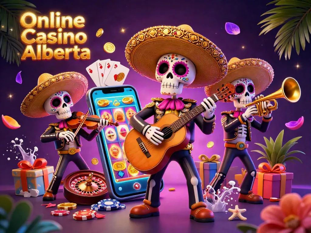 Spin and win at Online Casino Alberta with colorful slots and a lively mariachi band.