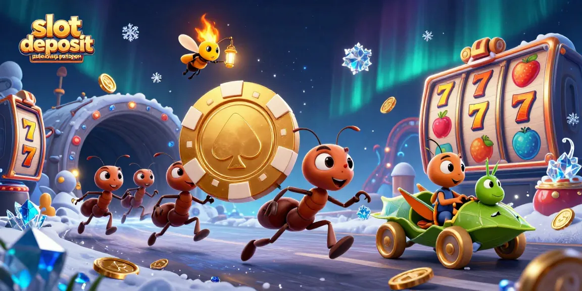Slot deposit pulsa tanpa potongan, ilustrasi 3D menggambarkan tim semut mencuri chip poker emas besar.