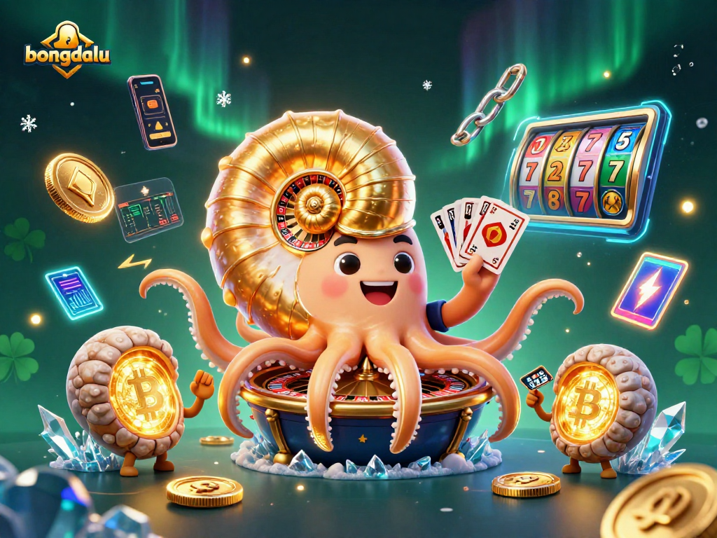 Engage with bongdalu's vibrant casino scene featuring a cosmic nautilus and glowing crypto elements.