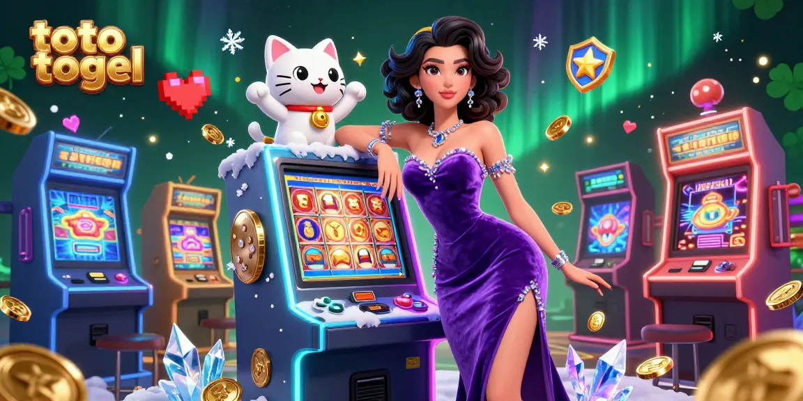 Terlibat dalam kesenangan toto togel dengan suasana glamor yang menampilkan seorang wanita, mesin slot jackpot, dan maskot kucing keberuntungan.