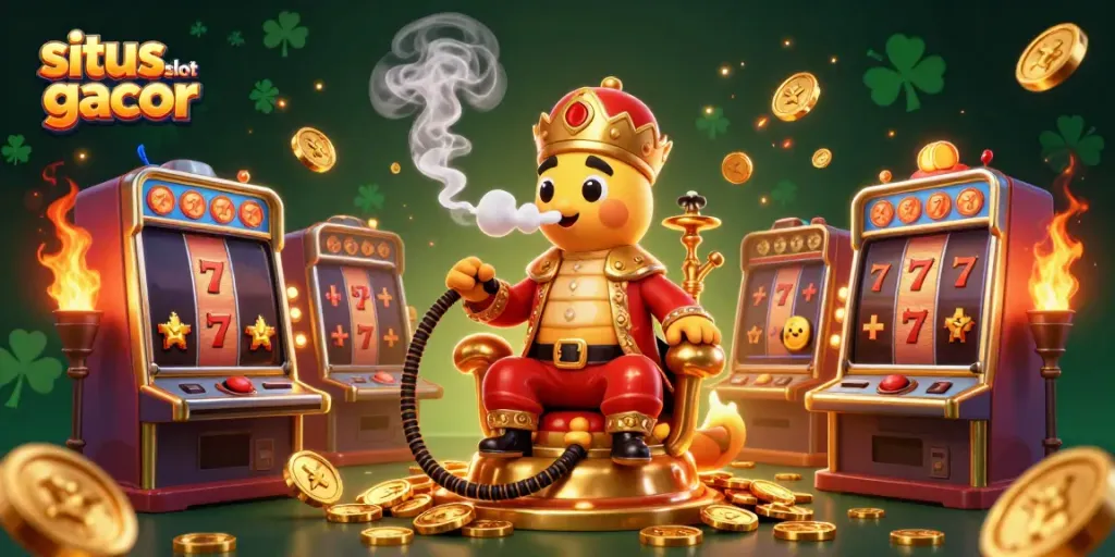 Permainan situs slot gacor dengan mesin slot penuh warna dan simbol jackpot, ilustrasi 3D.