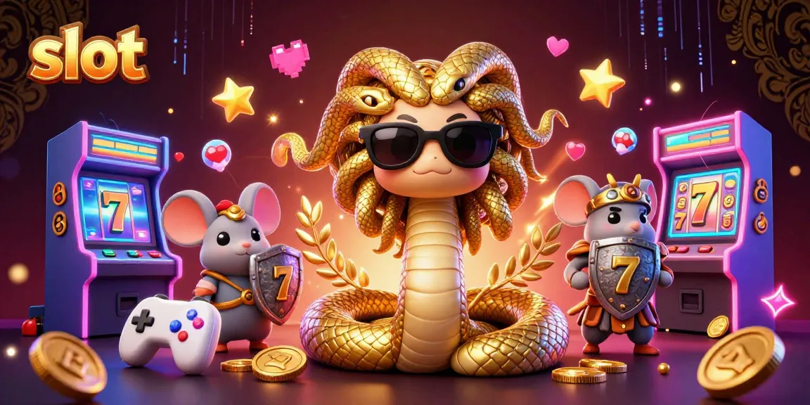 Slot yang menyenangkan dengan Medusa bersahabat, mesin arcade, dan elemen kasino di latar belakang.