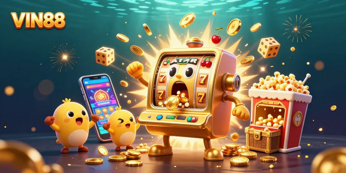 Enjoy thrilling jackpots with VIN88's animated golden slot machine, surrounded by cheering little slots and gold coins.