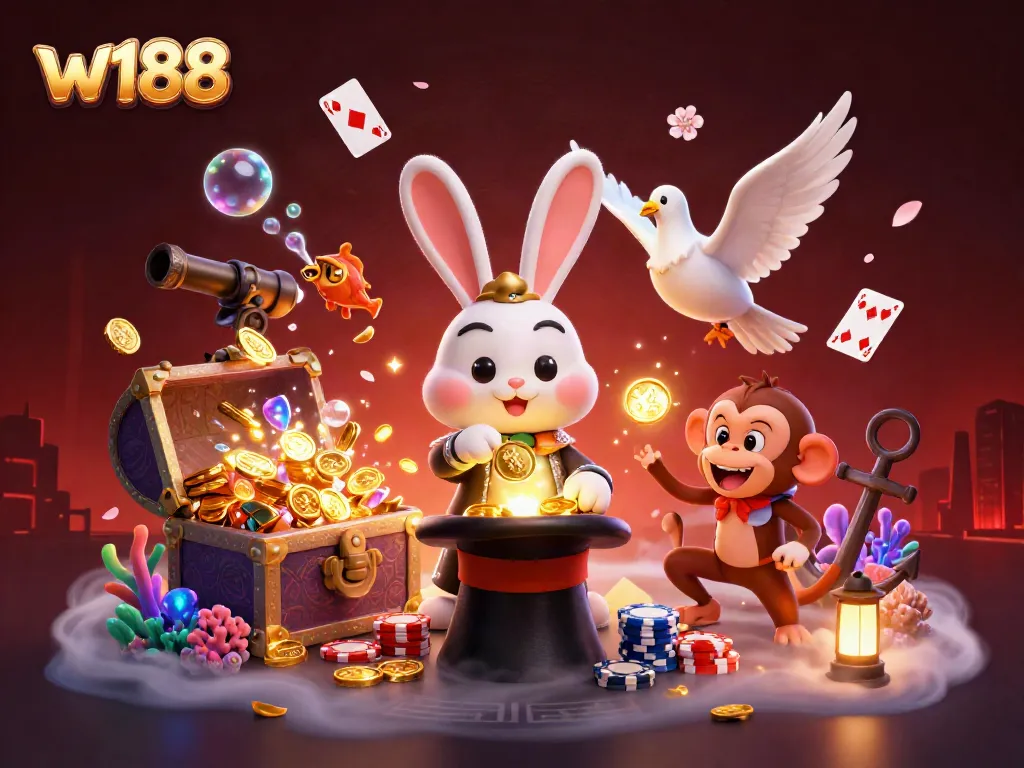 Experience the magic of w188 with a 3D illustration of a magician rabbit and colorful casino elements.