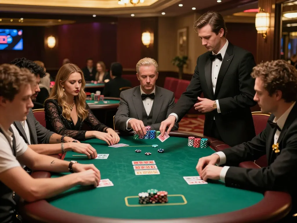 Cách Bluff trong Poker strategy play at upscale casino poker table with engaged players and vibrant action.