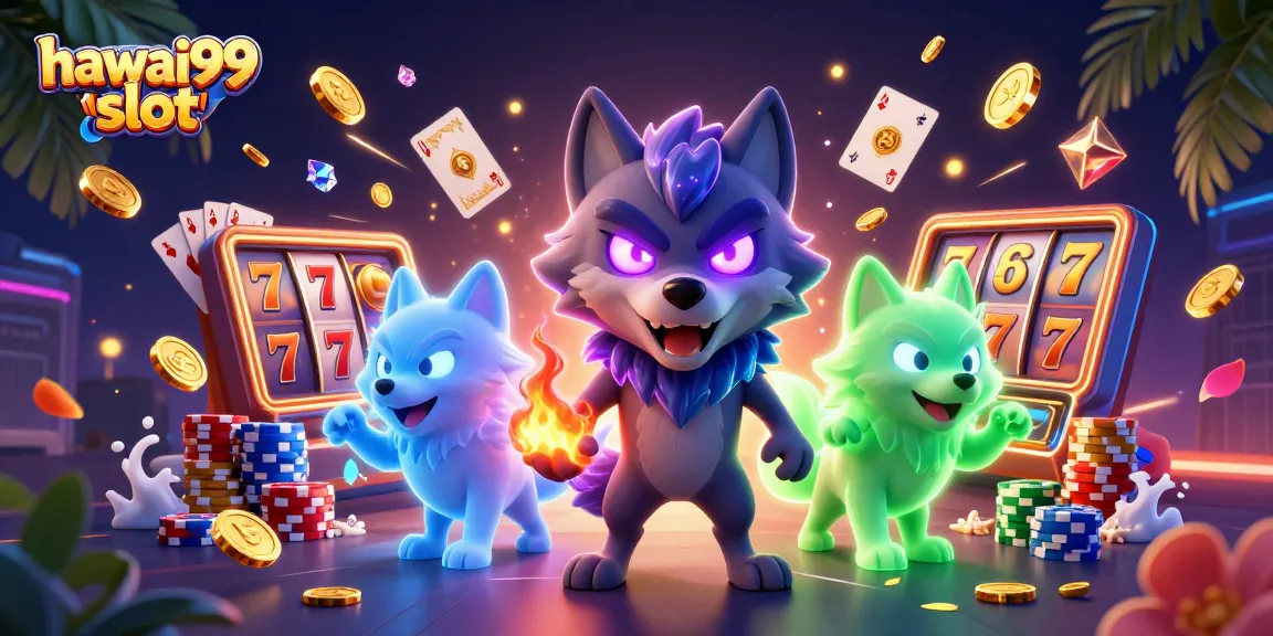 Experience the thrill of hawai99 slot with a vibrant 3D wolf-themed casino illustration.