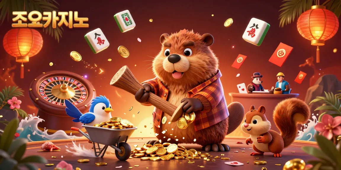 Engage with 조이카지노's thrilling atmosphere as the beaver and friends celebrate with coins, cards, and vibrant casino elements.