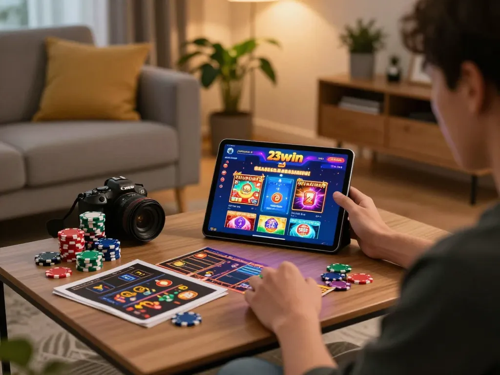 Engaging with khuyến mãi 23win on a tablet in a cozy home setting, highlighting exciting online gambling.
