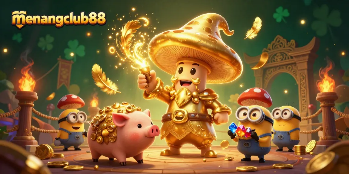 Experience the magic of menangclub88 with our golden mushroom wizard hunting treasures in a vibrant casino.