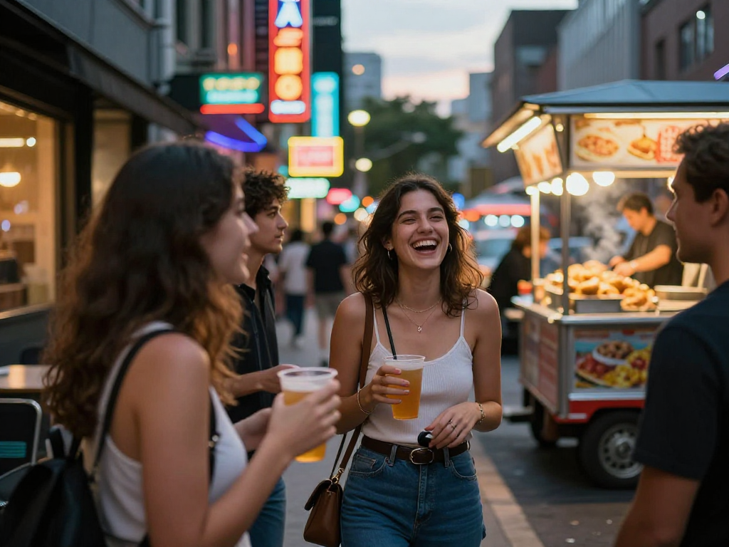 Nhóm bạn trẻ vui vẻ trong không gian phố đêm sôi động, với gái gọi tỏa sáng giữa ánh đèn neon.