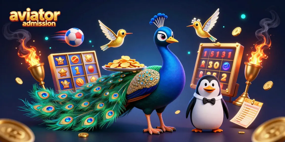 Aviator admission showcases a vibrant 3D scene featuring a majestic peacock and penguin with golden chips in a thrilling casino atmosphere.