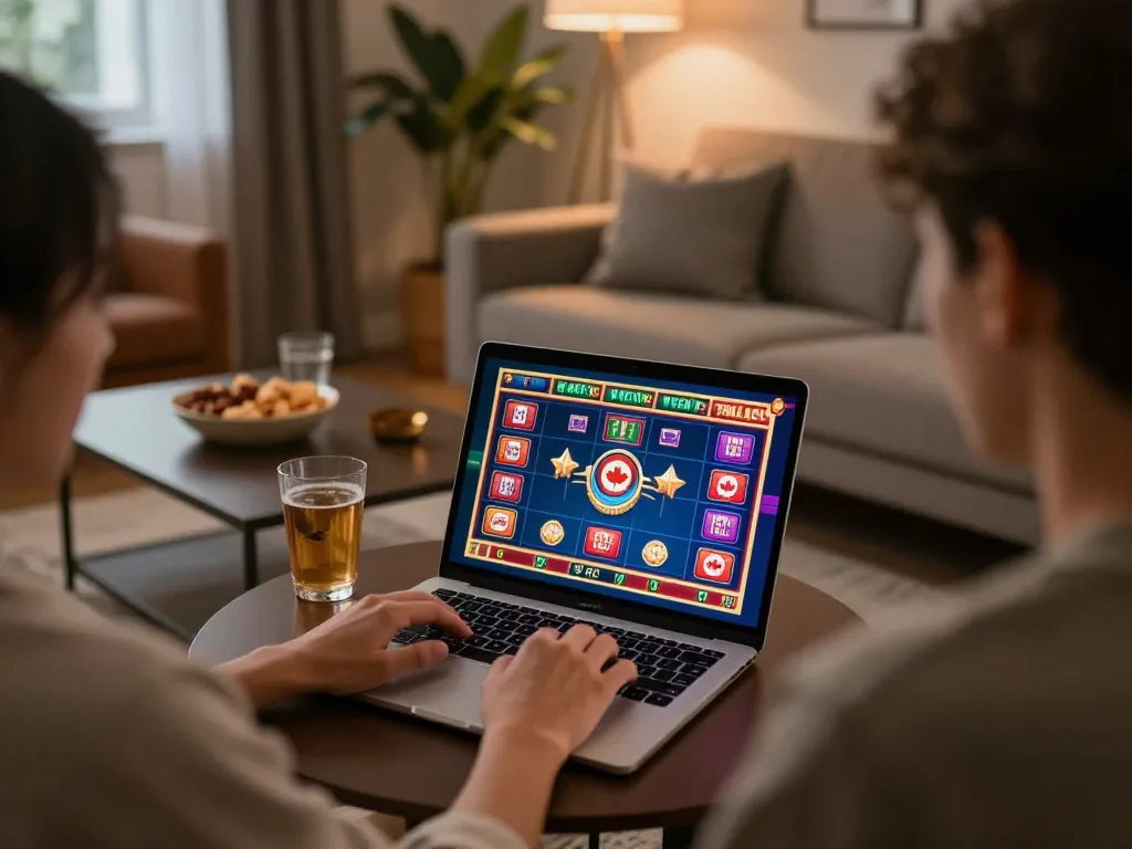 Engaging in online casinos in Canada from a cozy living room setup with a laptop, snacks, and drinks.