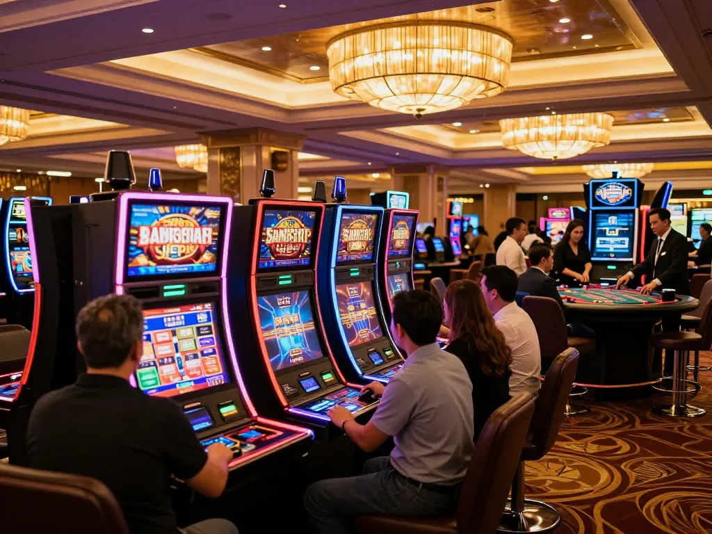 Experience the excitement of gaming at SC88 with vibrant slot machines and engaged players.