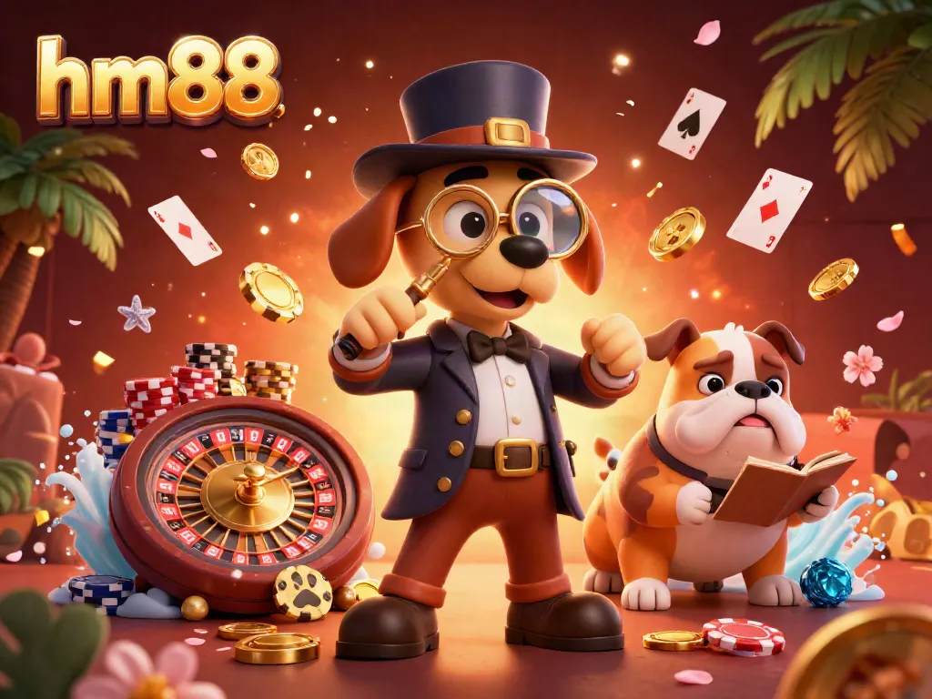 Experience thrilling gameplay at hm88 with a cunning detective investigating poker clues in a vibrant casino.