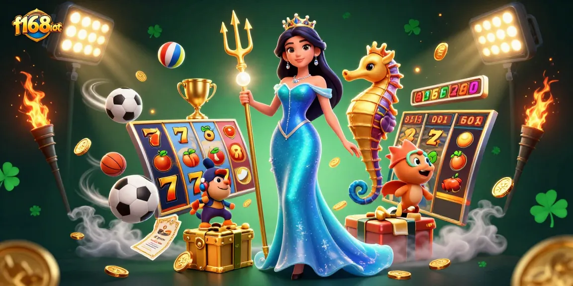 Engage in thrilling gameplay at f168slot with vibrant visuals of slot reels, golden trophies, and dynamic sports elements.
