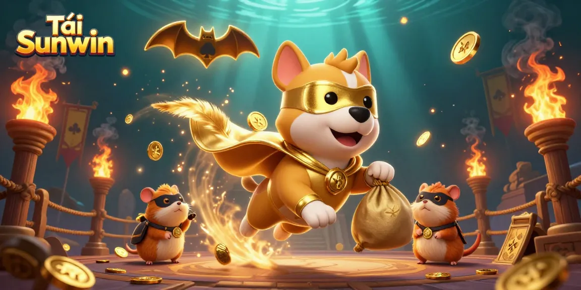 Tải Sunwin with a superhero dog flying amidst casino-themed elements, capturing action and excitement in gaming.