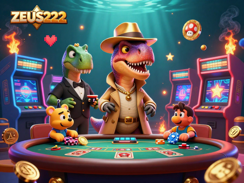 Engage in immersive gameplay with ZEUS222's vibrant 3D illustration featuring a velociraptor card counter.