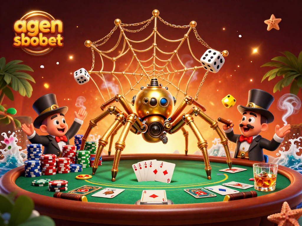 Agen sbobet brings luck at a poker table wrapped in golden webs with steampunk elements.