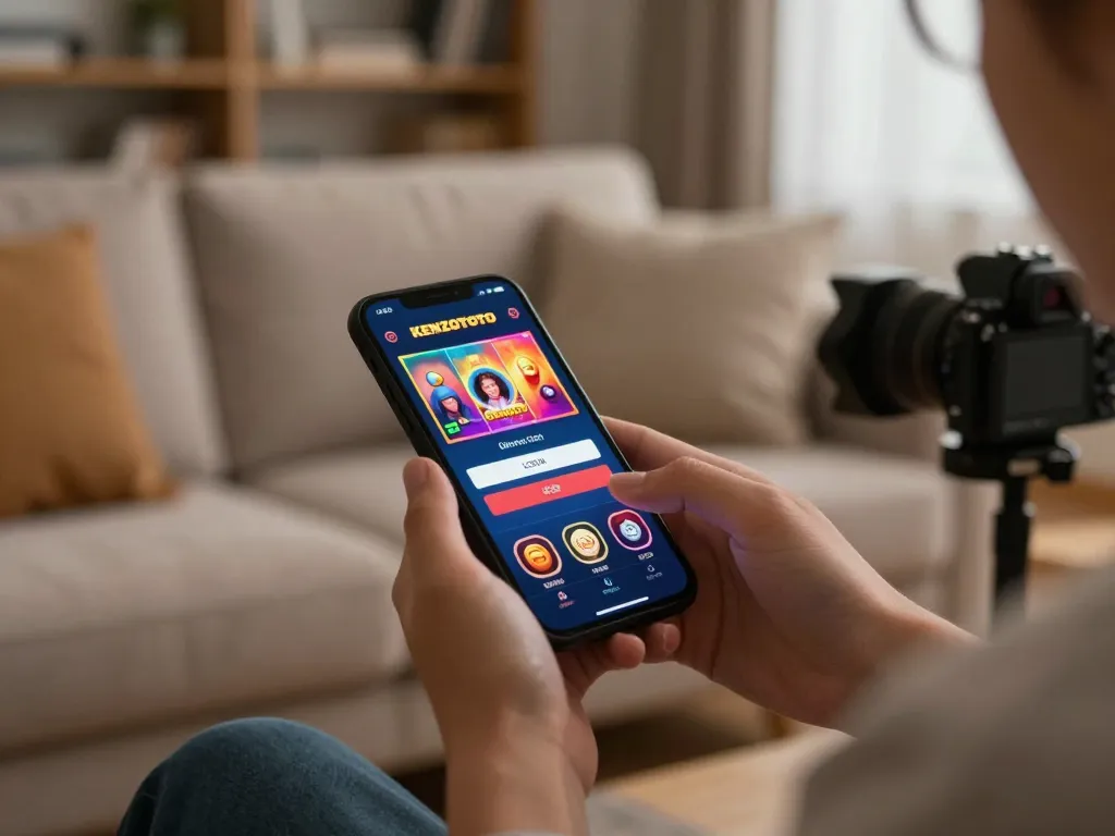 Orang yang mengetuk layar login KENZOTOTO saat berjudi online di smartphone dalam suasana rumah yang nyaman