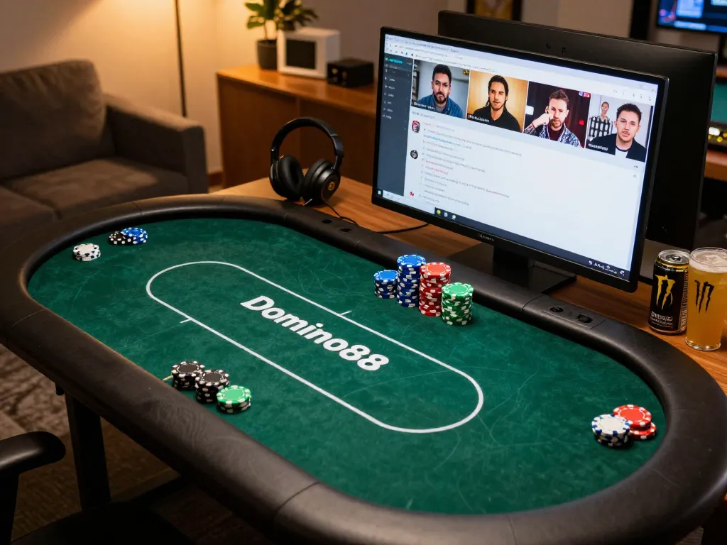Players engage in Domino88 poker online, showcasing dynamic gameplay with lively chat and colorful chip stacks.