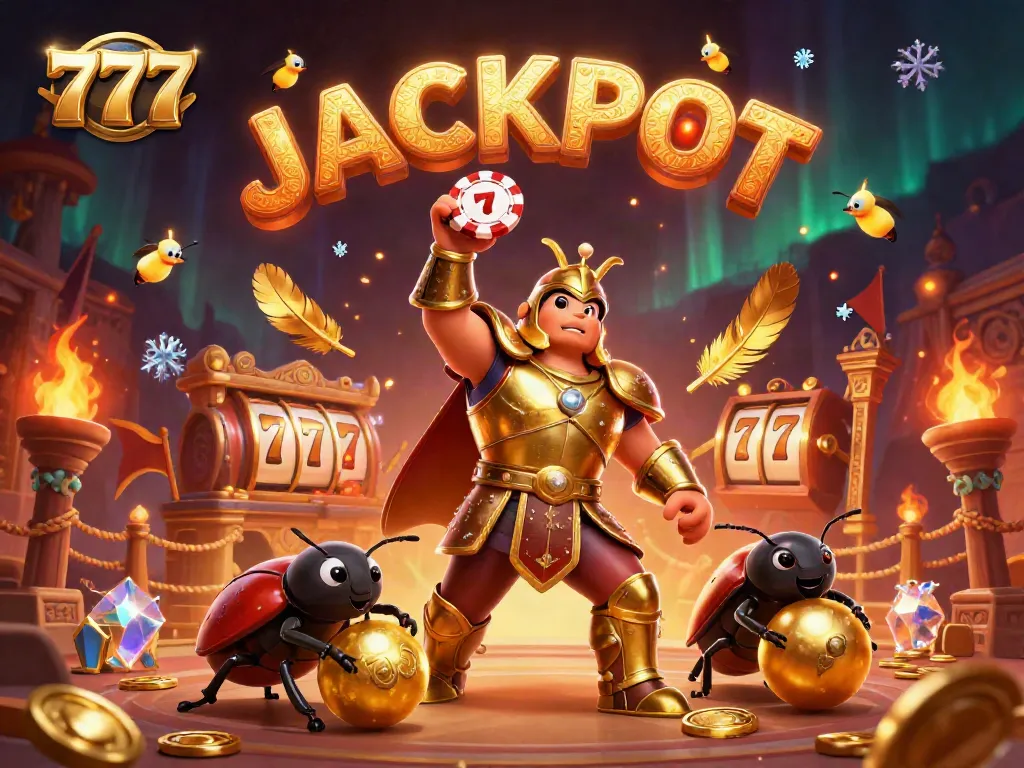 Ketika 777 muncul, kumbang hercules berarmor emas merayakan kemenangan dengan chip poker.