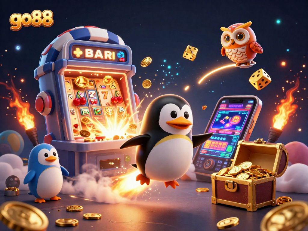 Experience the excitement of go88 with a dazzling casino-themed scene of a golden penguin and slot machine.