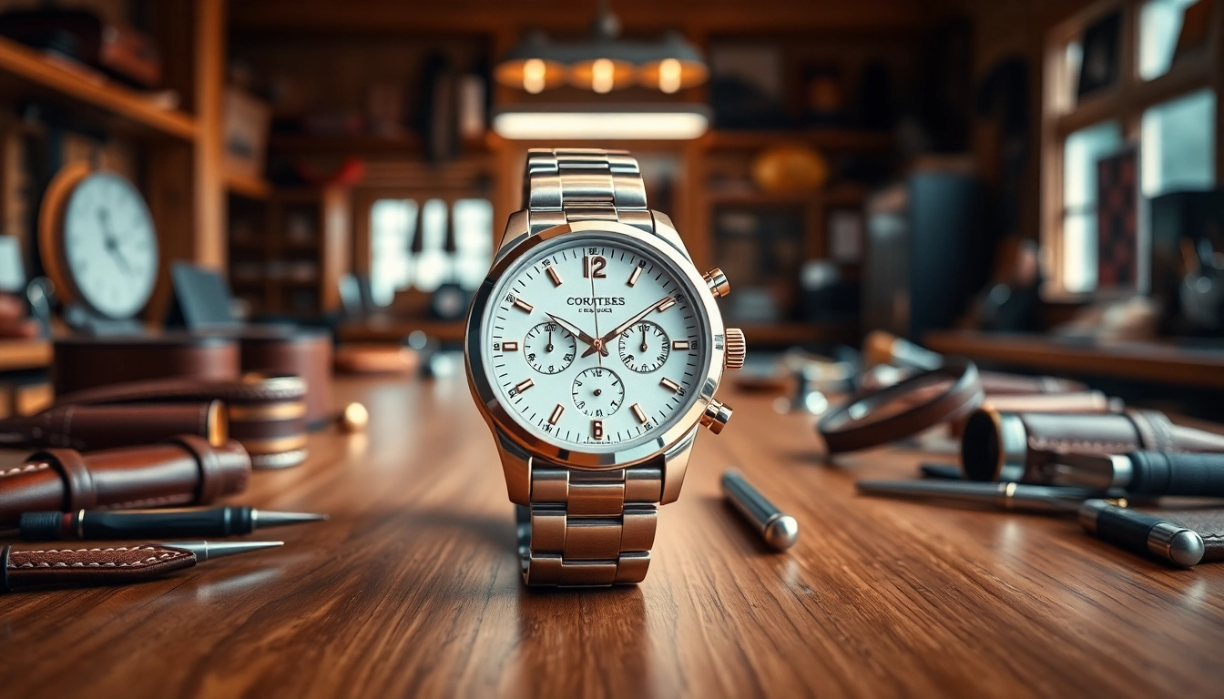Showcasing a stunning replica watch on a wooden table amidst luxury accessories.