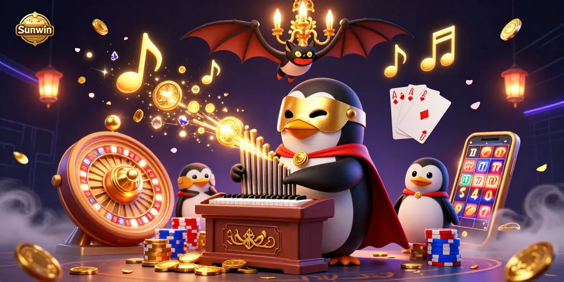 Experience thrilling gameplay at Sunwin with charismatic characters in this vibrant casino-themed illustration.