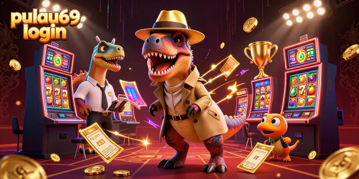 Watch the 3D velociraptor in a trench coat enjoying slot games at pulau69 login while clever companions add excitement.