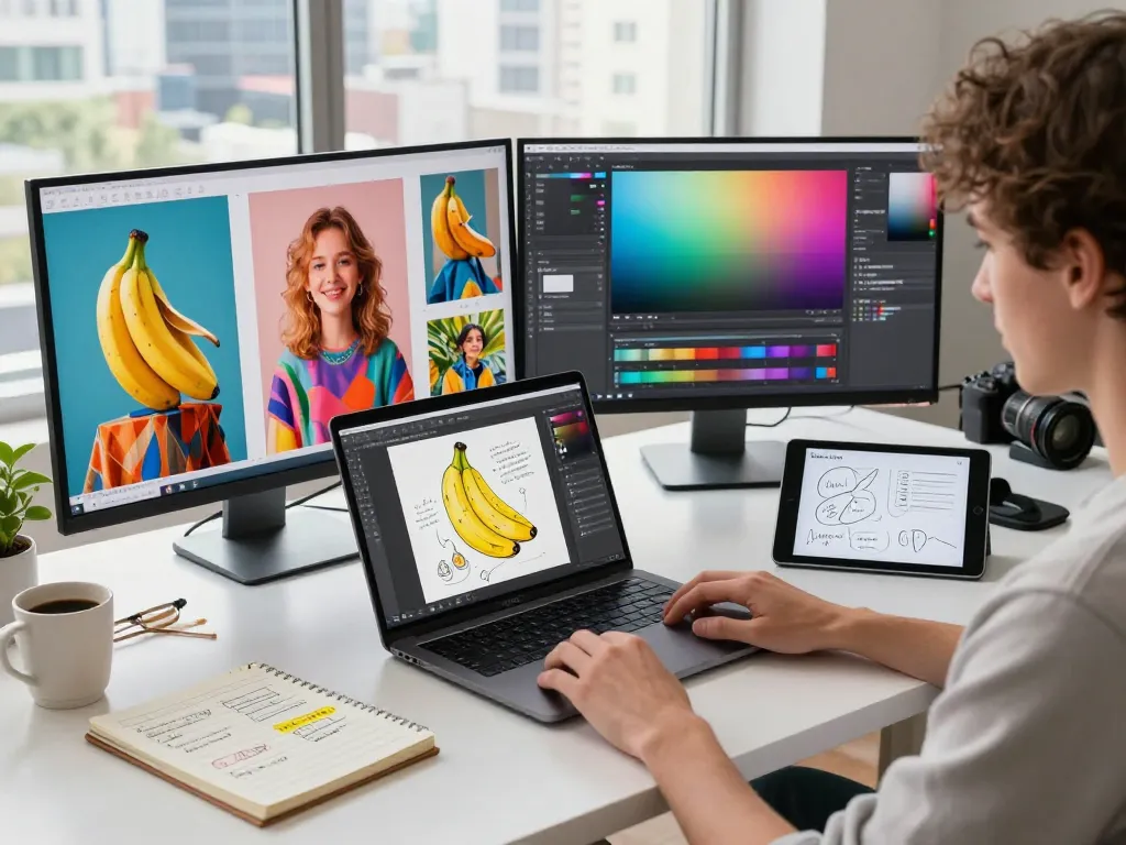 Workspace with Nano Banana 2 AI image editing software in use, showcasing vibrant digital artworks and creative tools.