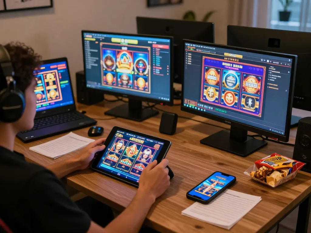 Engaging in situs slot gacor online gaming with multiple screens and cozy atmosphere.