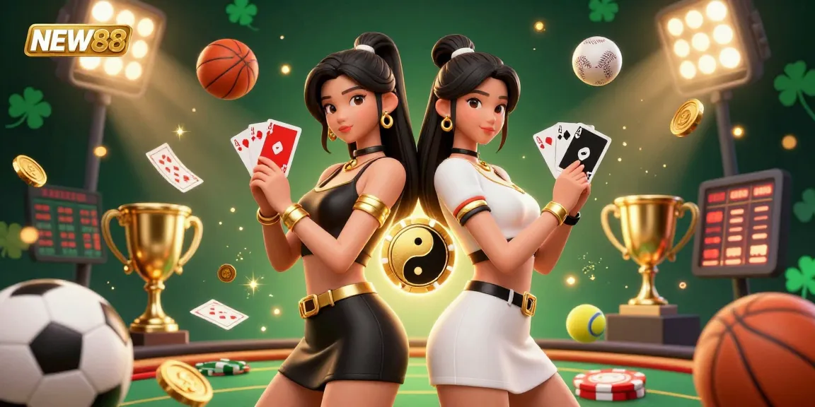 Experience high-stakes action at NEW88 with stunning visuals of twin Asian women in casino-themed attire.