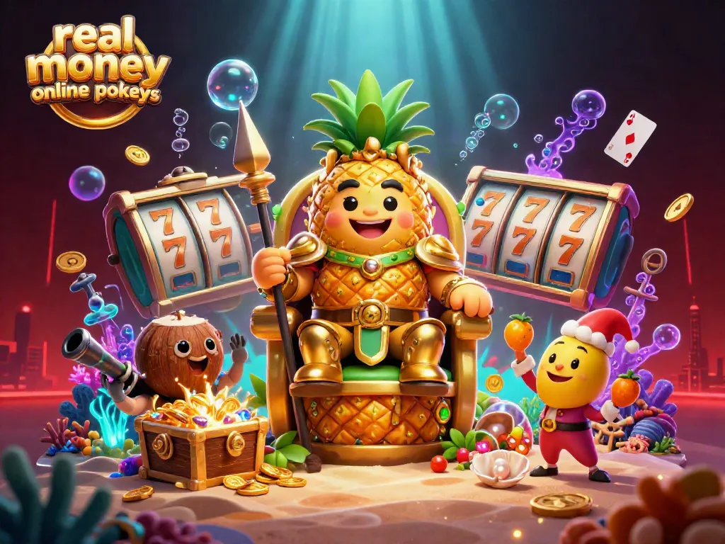 Engaging illustration of real money online pokies, featuring vibrant characters and dynamic casino elements.