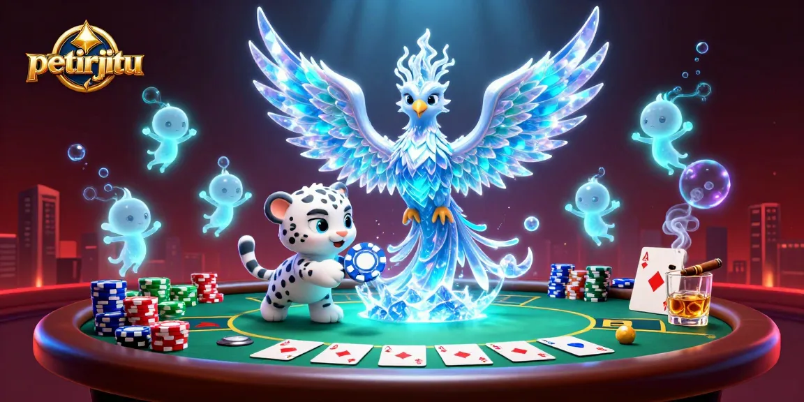 Permainan epik petirjitu dengan phoenix es dan poker chip jingga, menari dalam cahaya berkilau.