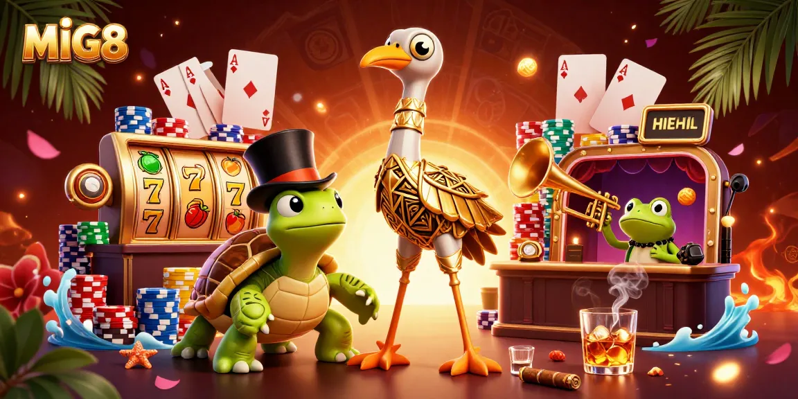 MIG8 invites players to enjoy a vibrant casino scene with colorful slot reels and dynamic gaming elements.
