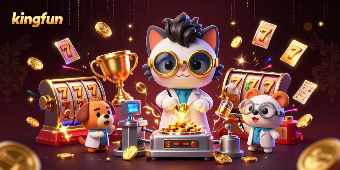 Engage with kingfun's vibrant casino scene featuring animated characters, slot reels, and sparkling gold coins.