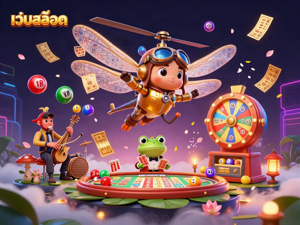 Experience the excitement of เว็บสล็อต through a whimsical 3D illustration of a dragonfly pilot, frog croupier, and jazz musicians.