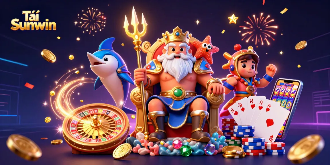 Play Tải Sunwin with vibrant casino elements in a packed scene featuring Neptune and friends.