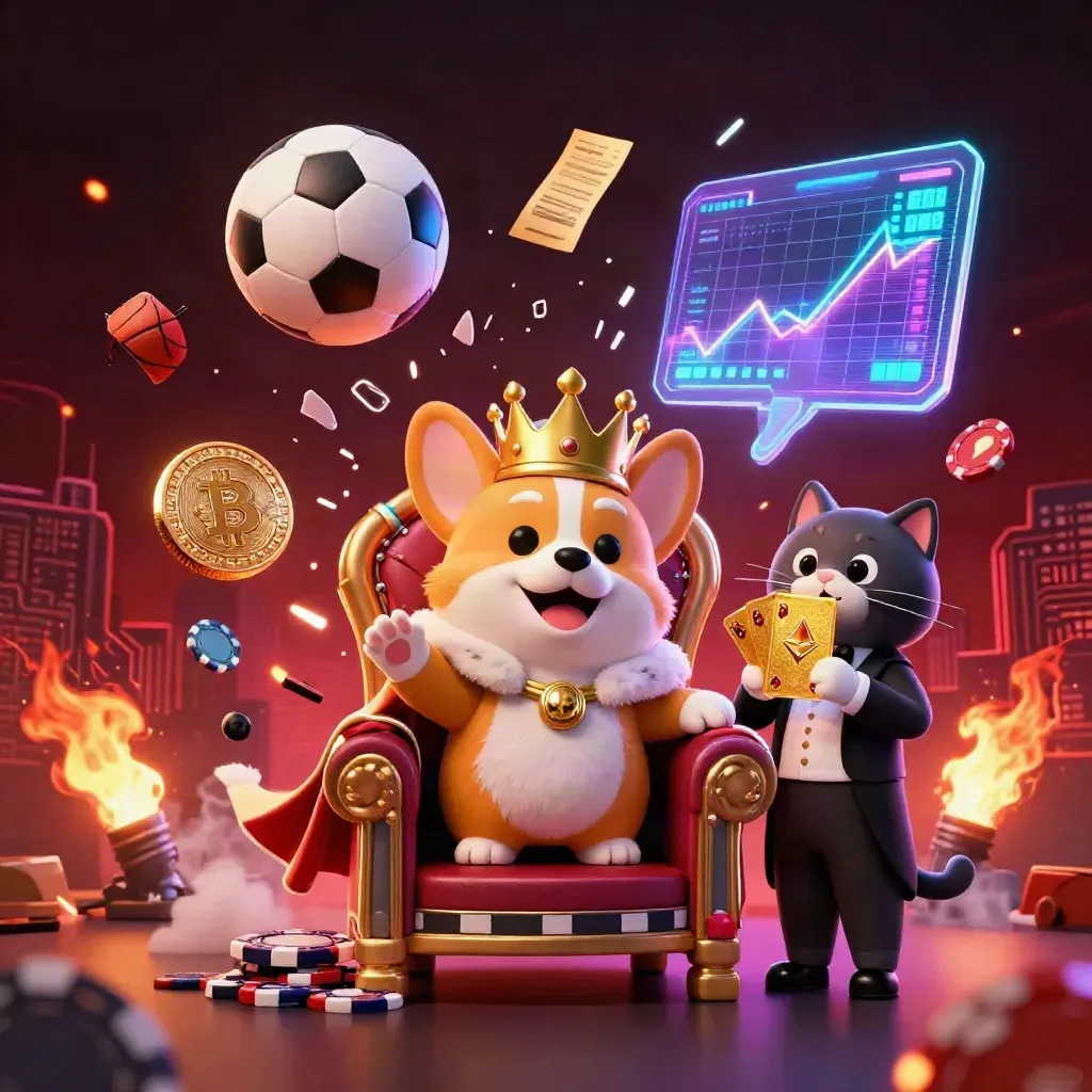 Crowned corgi and cat butler amid flying sports balls, neon coins, and casino lightning.