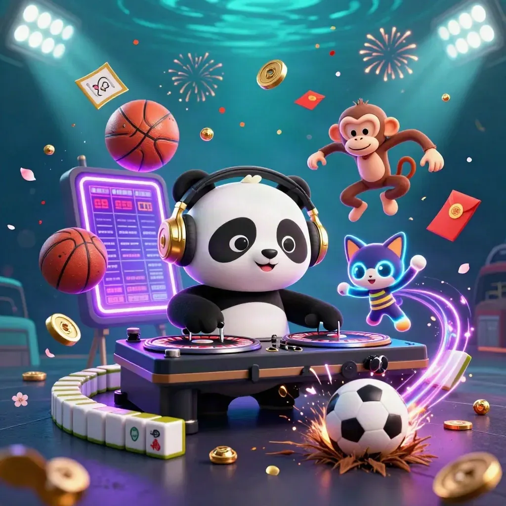 Panda DJ, breakdancing monkey, and neon kitten smash a soccer ball amid casino neon.