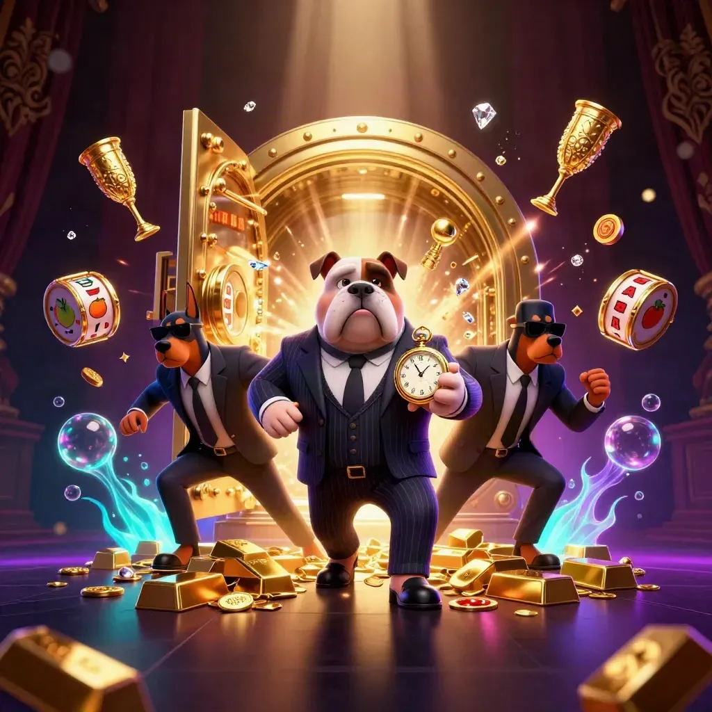 Bulldog mob boss and Doberman guards by a glowing vault amid gold, gems, and neon casino effects.