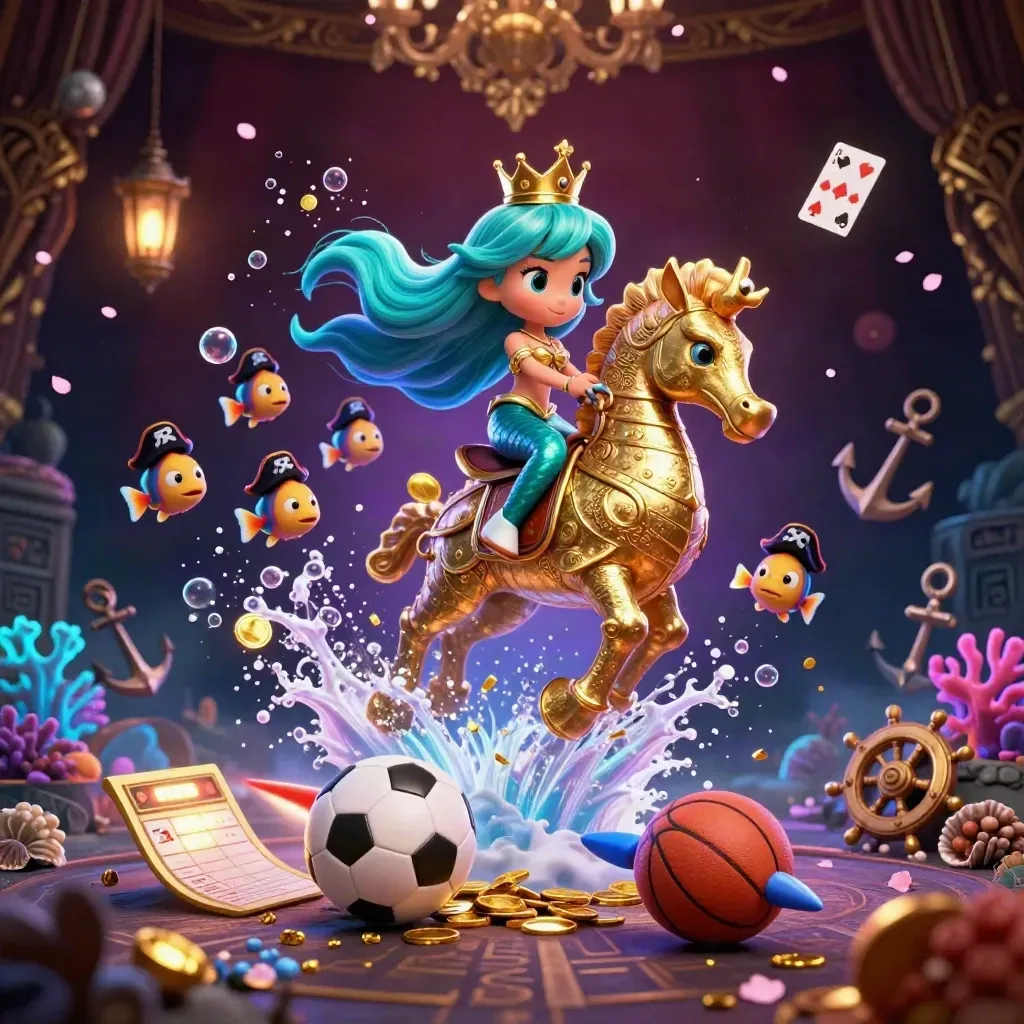 Mermaid princess on armored seahorse amid fish, balls, coins, coral, and glowing casino fantasy underwater.