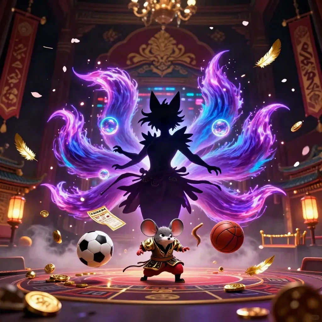 Neon fox spirit and armored mouse amid flying balls, coins, and temple lights