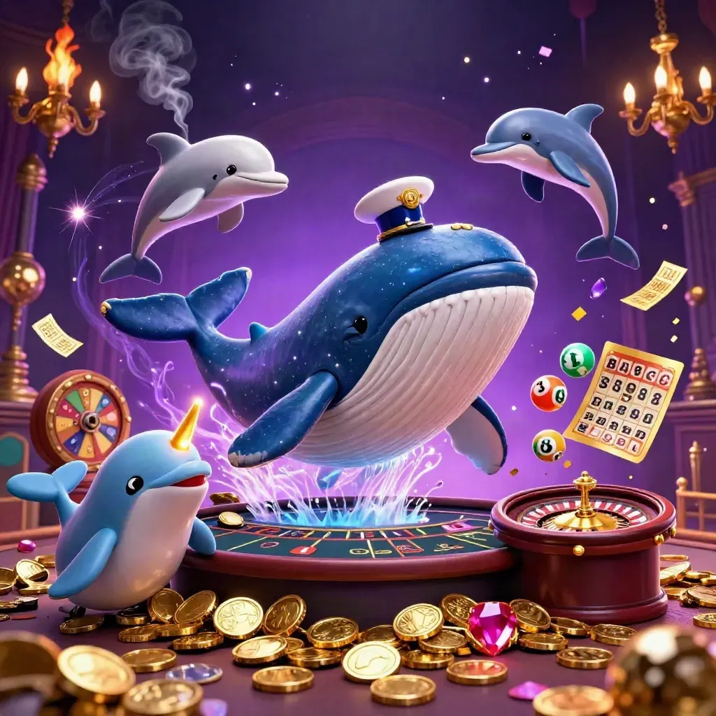 Whale captain, narwhal, and dolphins amid casino lights, coins, fireworks, and neon swirls.