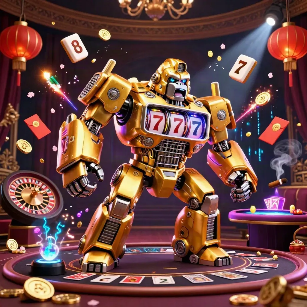 Golden gorilla mech with tiny monkey pilot amid casino props, lanterns, coins, and neon effects.