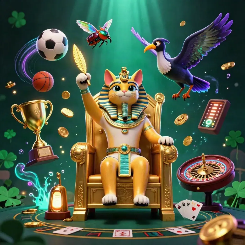 Pharaoh cat on throne, ibis scribe, gem-wing scarabs, casino and sports icons in neon glow.