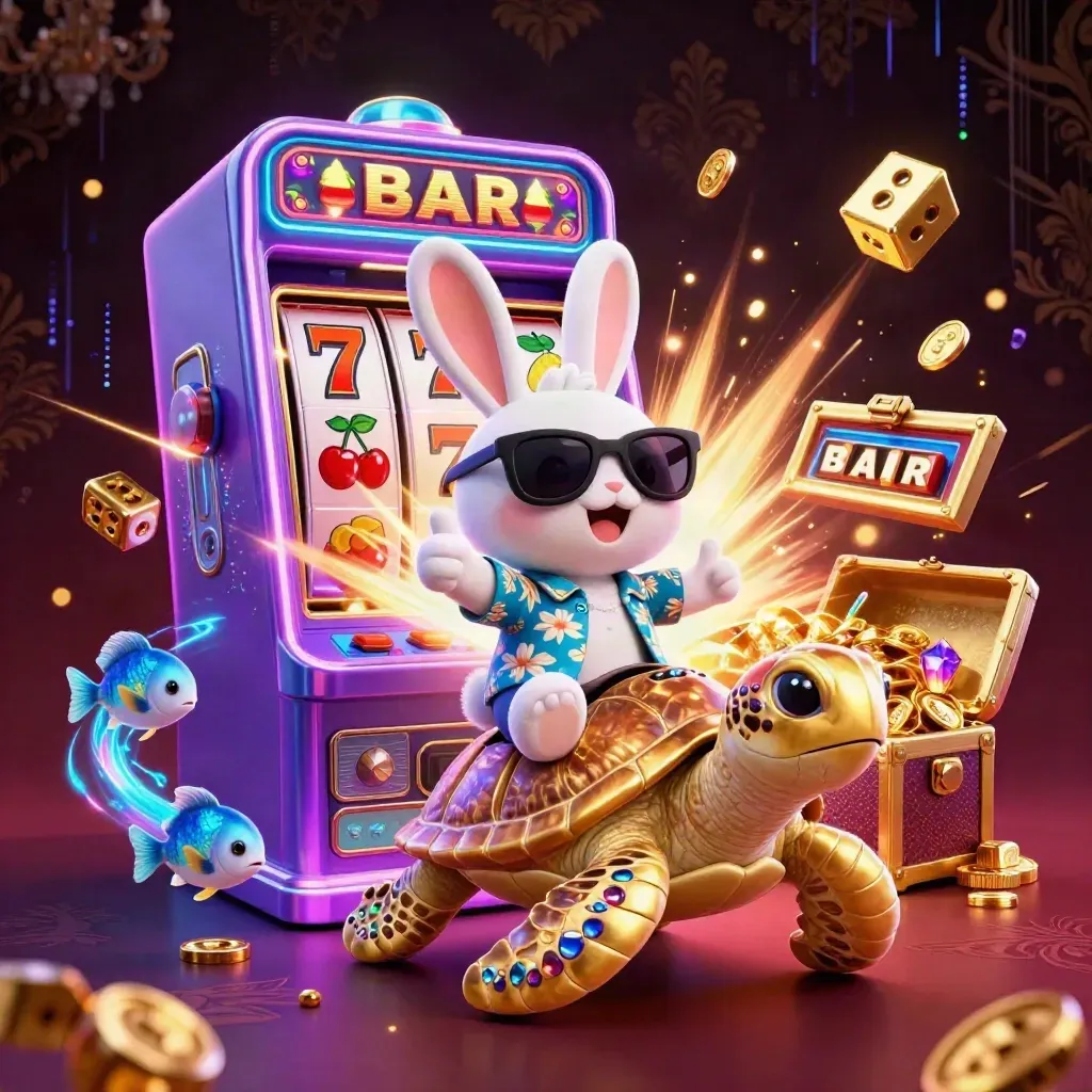 Cartoon rabbit on gem turtle amid slot machine burst, gold, neon lightning, and casino gems.