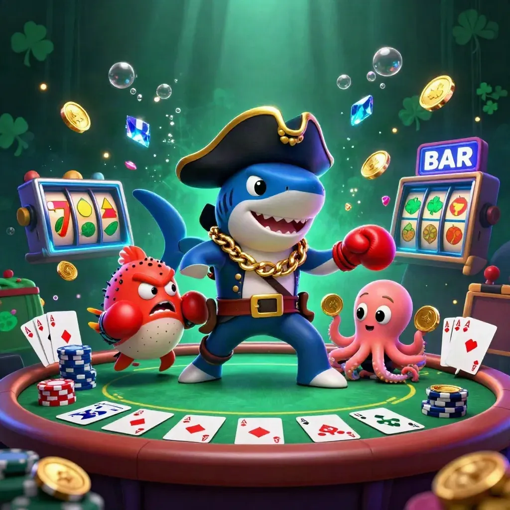 Pirate shark, boxing pufferfish, and octopus in a neon underwater casino burst with chips and coins