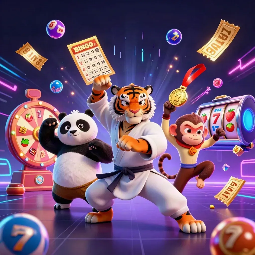 Kung-fu tiger, panda, and monkey amid casino bursts, neon energy, and treasure shards.