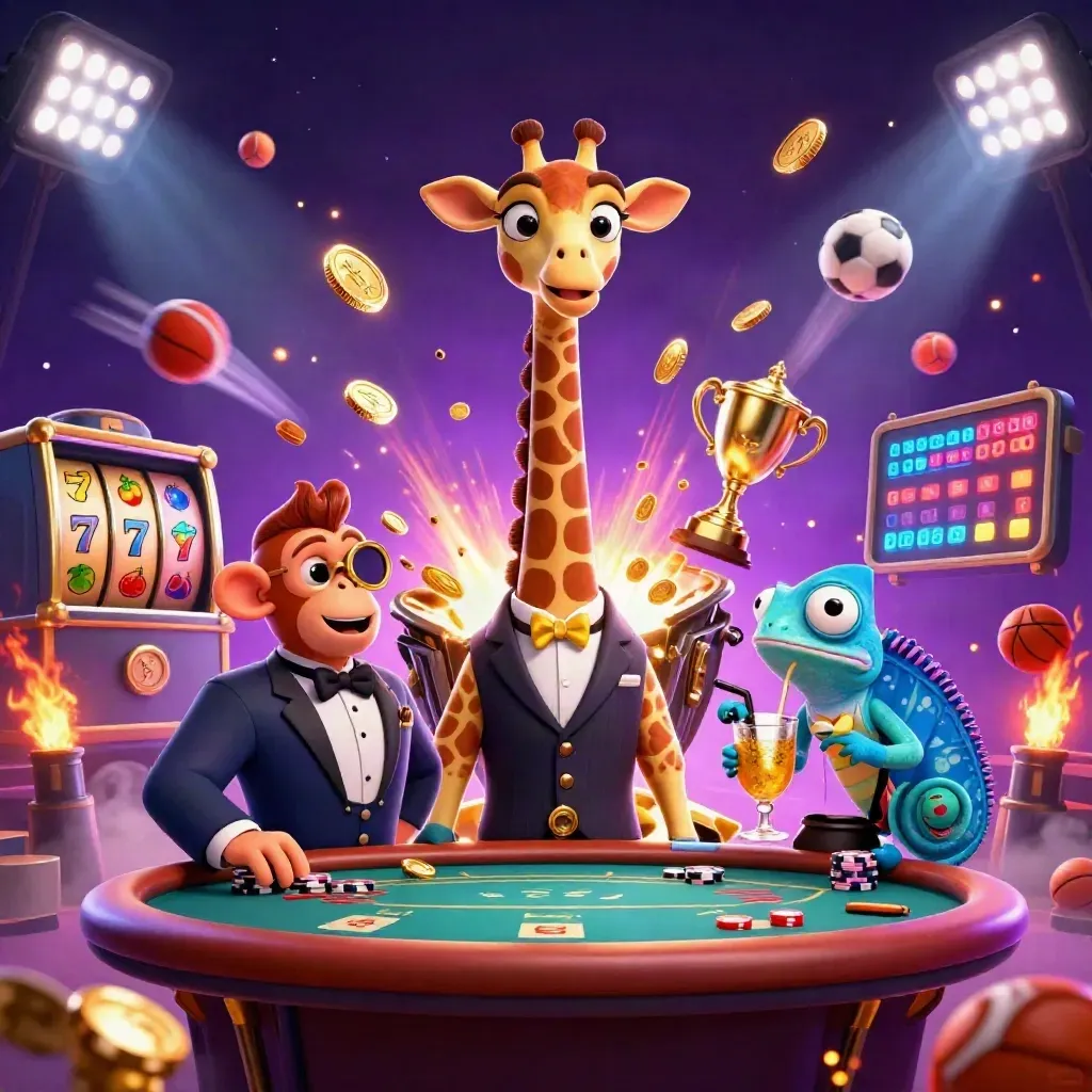 Giraffe, monkey, and chameleon celebrate amid coins, slot symbols, sports balls, and golden vault energy.